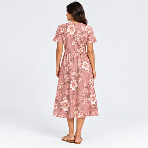 Women's Pink Floral Midi <b>Dress</b> Short Sleeve Split Neck A Line Casual Summer <b>Pocket</b> <b>Dress</b> Wholesale OEM Boutique Fashion Garments - Product Image 6