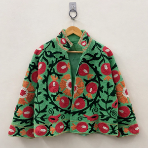 Embroidered Floral Woven <b>Quilted</b> Stand Collar Suzani Open Front Autumn <b>Winter</b> Bomber Jacket 100% Cotton Canvas Waterproof - Product Image 5