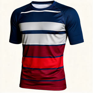 T-shirt de sport pour homme à manches courtes, rayé rouge, bleu et gris, en polyester à séchage rapide, pour la natation et les activités sportives - Product Image 6
