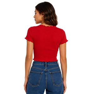 Custom <b>Red</b> Ribbed Crop Top Women Short Sleeve Lettuce Trim Crew Neck Cotton Spandex Slim Fit Casual Summer T Shirt Custom OEM - Product Image 2