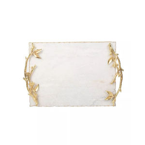 Plateau de service rectangulaire en marbre blanc de haute qualité avec poignées en métal doré en forme de branche, plateau décoratif pour la maison, décoration de mariage - Product Image 2