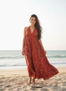 เดรสแม็กซี่พิมพ์ลายบล็อกสำหรับผู้หญิง คอวี แขนกุด สไตล์ลำลอง ทรงหลวม โบฮีเมียน ผ้าฝ้าย ชุดลำลองและเทรนด์แฟชั่นสำหรับผู้หญิง - Product Image 4