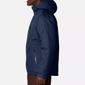 Blouson matelassé en toile bleu marine à capuche pour homme, doublure Sherpa, fermeture éclair, coupe-vent, design décontracté hiver, rembourrage en polyester à motif lettres - Product Image 3