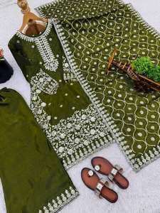 Nuevo conjunto de traje de seda GMY de diseñador, con bordado pesado y lentejuelas, completamente cosido, listo para usar, con top, pantalón y dupatta, estilo étnico para mujer. - Product Image 5