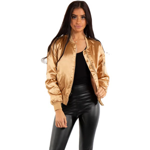 Blouson Bomber Doré en Satin pour Femme – Fermeture Éclair, Manches Longues, Couleur Unie, Col Rabattu – Vêtement d'Extérieur Tendance pour l'Automne - Product Image 1