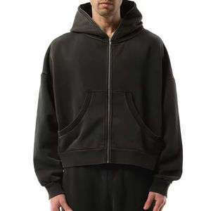 Sudadera con capucha y cremallera bordada OEM para invierno, personalizada al por mayor, para hombre, con bolsillo lateral, estilo corto, 400 g/m², 100% algodón, Drop - Product Image 1