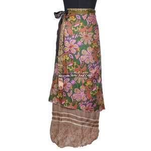 New Beach <b>Long</b> Wrap <b>Skirt</b> Floral Print Wrap Around <b>Skirt</b> Women Wear Vintage Silk Sari <b>Long</b> Length Wrap Around <b>Skirt</b> 2 Layer Sari - Product Image 2