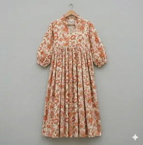 Robe maxi bohème pour femmes, imprimé floral orange, manches courtes, col en V, ample, décontractée, robe d'été pour la plage et les vacances - Product Image 1