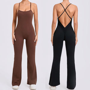Mono de yoga de una pieza para chicas altas, con efecto fruncido en los glúteos, pantalones acampanados, ropa deportiva con logo personalizado - Product Image 1