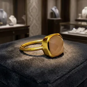 Rose <b>Quartz</b> Stone Cushion Shape Gold Plated Bezel Setting Handmade <b>Ring</b> Engagement Brass Stone <b>Rings</b> - Product Image 1