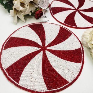 Peppermint Beaded Placemat Handmade Candy Stripe <b>Table</b> <b>Mat</b> Round Charger Plate Christmas Dining <b>Table</b> Decor - Product Image 1