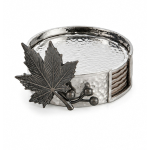 Hammered Metal Drink <b>Coaster</b> Set with Maple Leaf Decorative Caddy Antique <b>Silver</b> Plated Tableware Cup Mat for Home & Hotel - Product Image 1