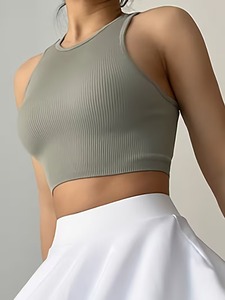 Premium High Neck Activewear Crop <b>Top</b> | Seamless Ribbed <b>Compression</b> Sport Bra | Ladies Resilient Knit Training Bralet - Product Image 2