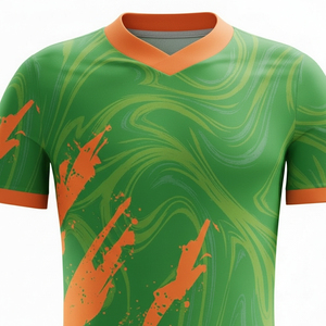 Ensemble d'uniformes de football personnalisés pour hommes, vert et orange, impression par sublimation, maillot et short respirants en polyester, vêtements d'équipe, fabricant OEM - Product Image 4