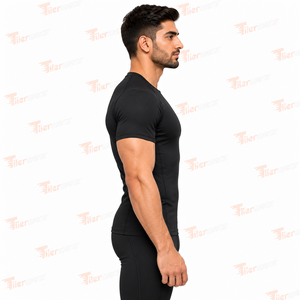 T-shirt de compression noir à manches courtes pour homme, séchage rapide, coupe ajustée, col rond, design sportif, logo avant - Product Image 3