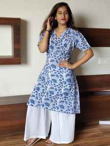 Robe décontractée mi-longue pour femme, imprimée à la main, col en V, motif floral, en coton écologique, respirante, coupe ample, idéale pour l'été - Product Image 3