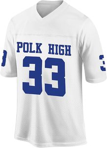 Maillot de football Polk High blanc à col en V et manches courtes avec numéro 33 bleu et nom Bundy, design personnalisé - Product Image 2
