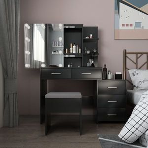 Black <b>Dressing</b> Table Set 5 Pumps 2 Shelves Three-Dimming Light Bulb Particleboard Triamine Veneer Mirror Cabinet Wood Storage - Product Image 1