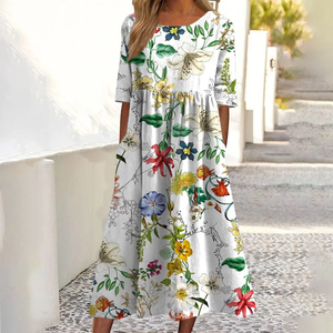 Vestido Casual de Verano 2026 para Mujer, Cuello Redondo, con Bolsillos, Manga Corta, Estampado - Product Image 1