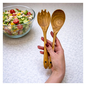 Handmade Premium Eco-Friendly Olive Wood Salad Servers Hand Carved Natural Wood Salad <b>Tools</b> Food <b>Safe</b> Wooden Salad Server Set - Product Image 6