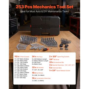 Set di Attrezzi per Riparazione Auto da 253 Pezzi, Kit Meccanico con Chiavi a Bussola SAE e Metriche da 1/4, 3/8, 1/2 Pollici, Cacciaviti per Riparazione Auto - Product Image 3