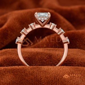 Rose Gold Radiant Cut Bubble Accent Solitaire – Unique <b>Pink</b> Gold Station Diamond Band - Product Image 3