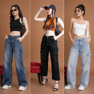 Venta al por mayor de jeans de mezclilla cargo para mujer, de pierna ancha, estilo casual urbano, de cintura alta. Lote de stock de fábrica de proveedor de ropa. - Product Image 3