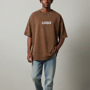 เสื้อยืดคอกลมแขนสั้นสีน้ำตาลสำหรับผู้ชาย ทรงโอเวอร์ไซส์ สีพื้น สไตล์ลำลอง ผ้าเจอร์ซีย์ถักจากผ้าฝ้าย 100% - Product Image 3