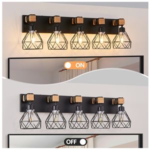 Luminaire de salle de bain ou de chambre à coucher moderne géométrique à 5 lumières de 31 pouces avec accents en métal noir et en bois - Product Image 5