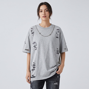 Oversized Distressed T-Shirt Women 100% Cotton Drop Shoulder Distress Tee Shirt Ladies Crew Neck Short Sleeve Distressed T Shirt - Product Image 1