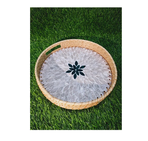 Plateau de service en rotin et nacre, articles de cuisine artisanaux, meilleur prix, plateau de rangement, plateau en rotin et nacre - Product Image 1