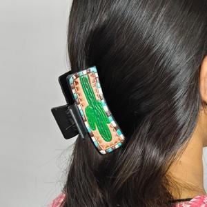 Pince à cheveux en résine avec motif cactus, accessoire féminin tendance, design coloré, pince à cheveux en cuir, mode féminine - Product Image 3