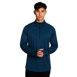 Camiseta Casual para Hombre con Media Cremallera, Color Azul Marino, Manga Larga, Estilo Urbano, Lisa, con Diseño Personalizado - Product Image 1