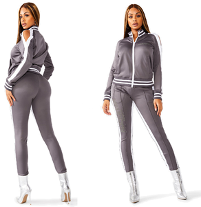 Ropa de gimnasio para mujer, con cremallera frontal, cuello acanalado y puño, trajes de pista a rayas laterales, trajes para correr ajustados con cremallera para el sudor - Product Image 3