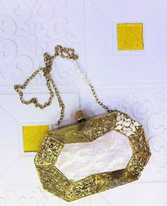 Women's Evening Party Fusion Republik Crystal Square <b>Stone</b> Studs MOP Clutch <b>Magnetic</b> Closure Chain Strap Polyester Lining - Product Image 3