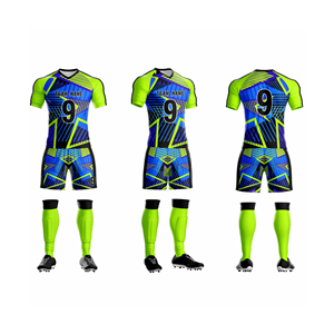 Ensemble Maillot et Short de Football Personnalisé Vert Néon Bleu avec Impression Audacieuse, Kit de Football à Manches Courtes Séchage Rapide et Respirant pour Équipe - Product Image 1