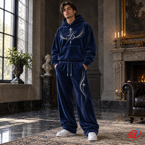 Conjunto de Sudadera con Capucha y Pantalones de Terciopelo OEM Navy Manor Script con Pedrería de Cristal, 95% Algodón, 5% Elastano, Lujoso y Oversize - Product Image 5