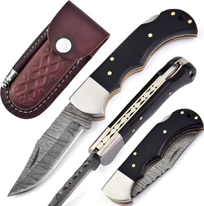 Cuchillo Plegable Artesanal de Damasco para Exteriores, Camping y Supervivencia, con Mango de Madera y Funda de Cuero, Logotipo Personalizado OEM/ODM - Product Image 2