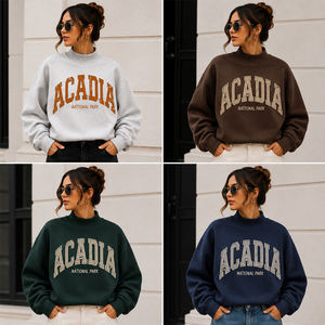 Forest Green Cream Acadia Arch Letter Sweatshirt Short High Neck Green Edges Relaxed Fit Long Sleeves Casual <b>Layering</b> <b>Top</b> - Product Image 3