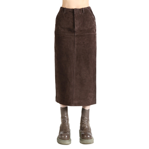 Jupe midi vintage en cuir suédé véritable taille haute pour femme, marron uni, avec fente et ceinture, respirante et écologique, collection automne - Product Image 4
