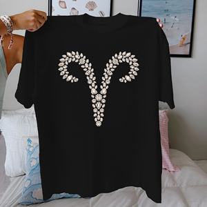 Camiseta de algodón 100% para mujer con estampado de punto informal y símbolo del zodiaco Aries, ajuste cómodo - Product Image 3