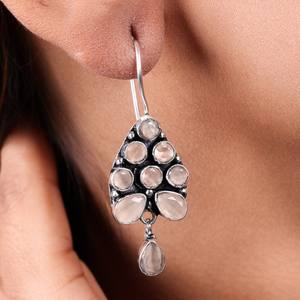 Boucles d'oreilles pendantes ethniques bohèmes en argent oxydé avec pierre pêche, bijoux fantaisie vintage faits à la main - Product Image 2