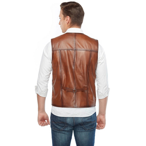 Wholesale Men's Genuine Leather <b>Vest</b> V-Neck Triple Buckle Closure Vintage Style <b>Brown</b> Outerwear Breathable Eco-Friendly - Product Image 3