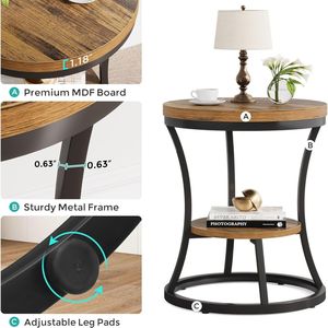 Table d'appoint ronde à 2 niveaux en bois d'acacia massif avec structure en métal noir pour salon, chambre, hôtel, meubles de maison - Product Image 1