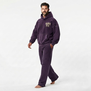 Ensemble de survêtement homme délavé coupe décontractée avec sweat à capuche à épaules tombantes et poche kangourou et pantalon de jogging large, effet délavé à l'acide, deux pièces - Product Image 3
