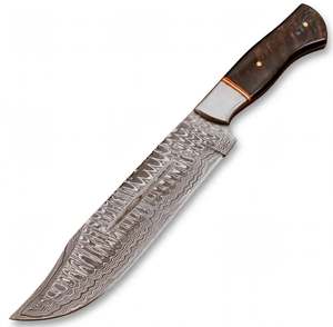 Cuchillo de caza artesanal de acero de Damasco para exteriores con funda de cuero y mango de madera oscura - Product Image 5