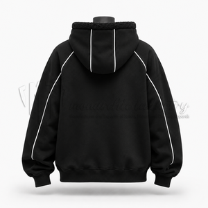 Sweat-shirt à capuche oversize pour homme, noir, doublé polaire, avec passepoil blanc, style streetwear, personnalisé, épais - Product Image 2