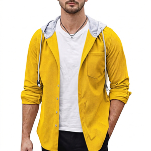 Men Hooded Woven Cotton Casual <b>Cardigan</b> Solid Color Breathable Regular Fit Summer Outerwear - Product Image 4
