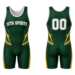 Men Dark Green Yellow Sublimated Wrestling Singlet Polyester <b>Athletic</b> Sports Uniform Sleeveless Competition Training Match Wear - Product Image 1