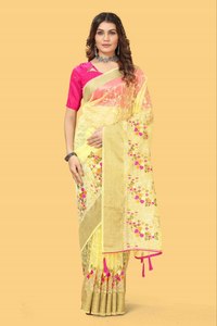 Sari en soie organza élégant – Broderie au fil et bordure tissée Zari & Blouse de créateur - Product Image 3